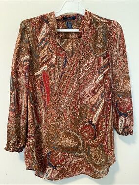 Chaps Paisley Print V-Neck Blouse in Red and Brown